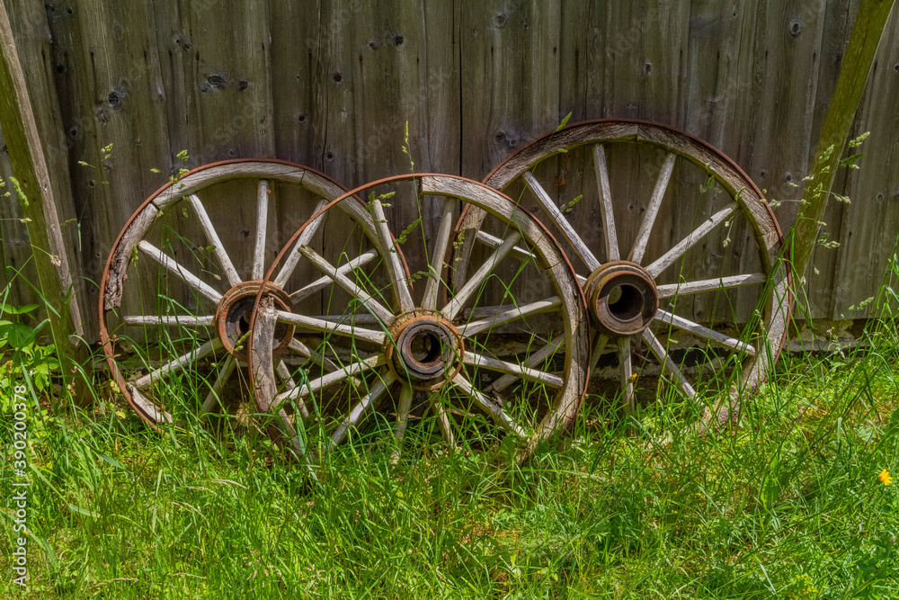 historic cartwheels at a barn