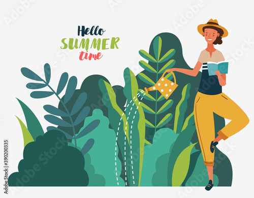 Young girl reading book and watering plants in the garden