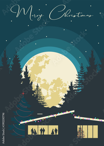 Christmas Illustration, Tree and Decorations, Mid Century Modern Style House, Party, Night Outdoor