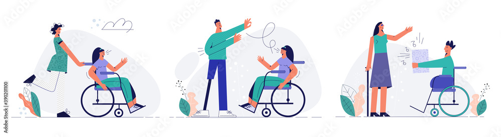 Set with disabled persons, handicapped friendly character concept,  group of happy people with disability, portrait special person,  handicap friends. Modern flat vector illustration isolated on white