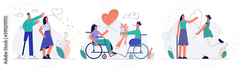 Handicapped people concept flat vector illustration. Set with disabled persons, group of in love character with disability, portrait special person, handicap friends. Isolated on white background