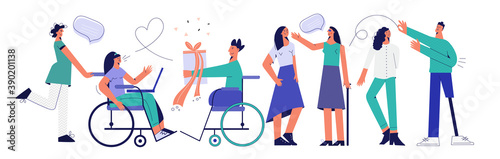 Handicapped people flat vector illustration. Set with disabled persons, group of happy youth with disability, portrait special person, handicap friends. Collection of character Isolated on white