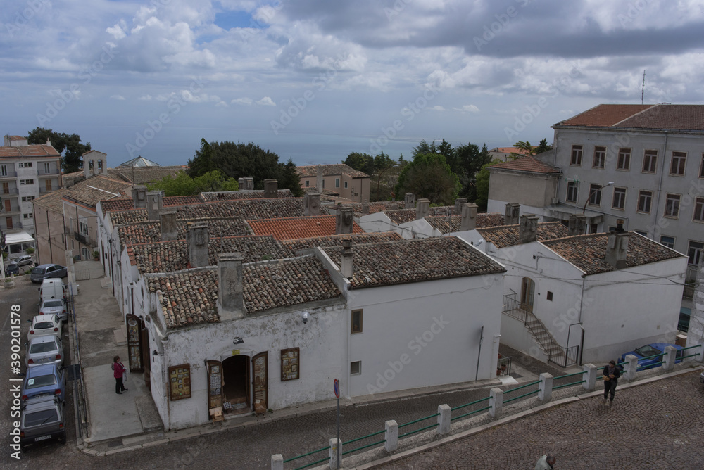 Monte Sant'Angelo, a medieval village in Puglia, on the Gargano peninsula. View of the town, the cathedral and the castle.