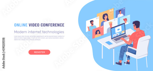 Online video conference web banner design illustration 