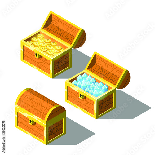 Set Abstract Collection 3D Isometric Chest With Gold And Diamonds Element Vector Design Style