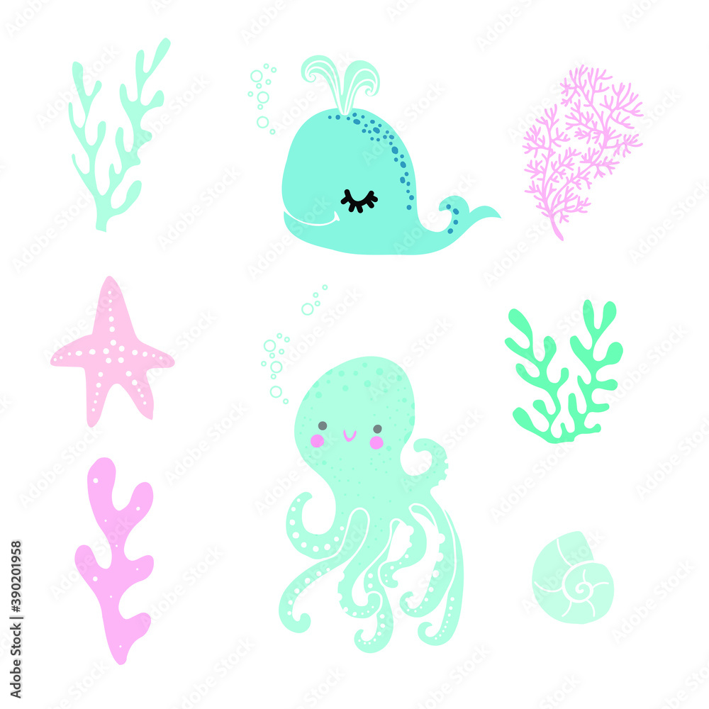 set with octopus and whale