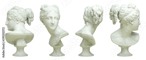 3D rendering illustration of Head of Michelangelo's David in 4 views isolated on white background.