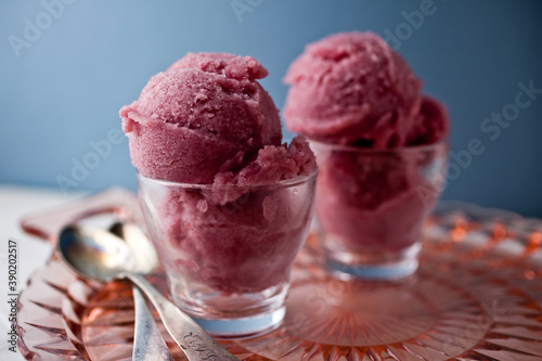 Close up of pear and red wine sorbet in cup