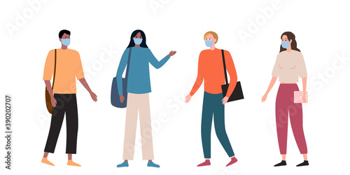 
Young modern guys and girls in masks for various purposes. Friendly communication at a distance. Flat vector. Men and women in seasonal sportswear with bags and laptop. A business meeting. Students 