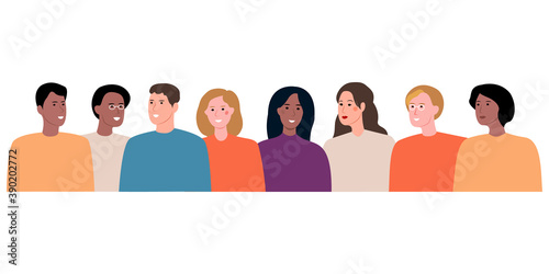 Business style of multiracial people in cartoon style. Flat vector. Multinational modern men and women in fashionable clothes. People lifestyle concept. Collaboration and team. Collaboration. Friends