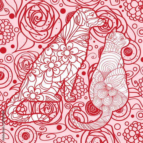 Square background with patterned dog and cat. Hand drawn animals with abstract patterns. Line art