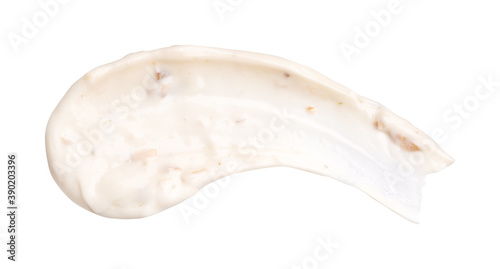 Drop tartar sauce isolated on white background. Close up, top view.