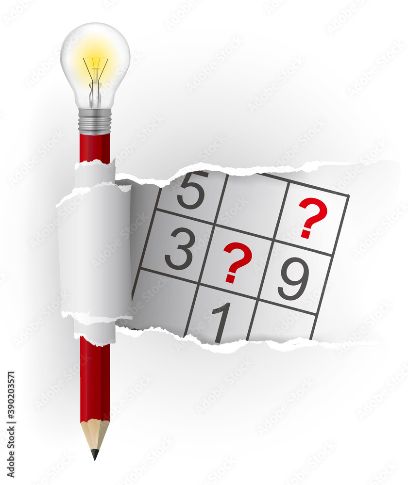 Smart pencil with bulb and sudoku. Illustration with white torn paper ...