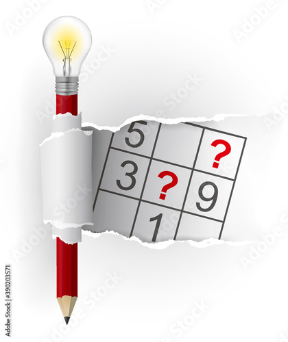 Smart pencil with bulb and sudoku.
Illustration with white torn paper, pencil with light bulb and sudoku. Vector available.