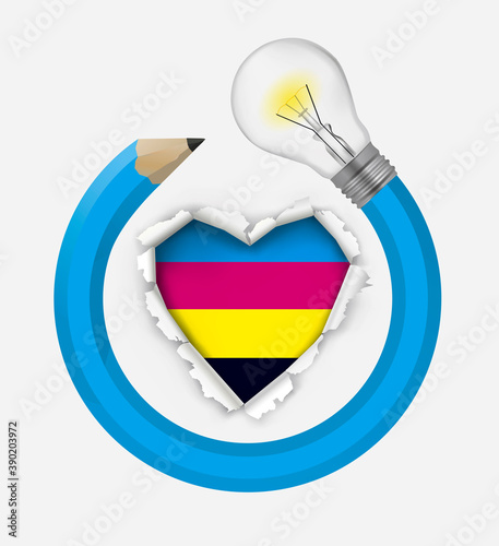Graphic design, passion and creativity.
Illustration of Torn paper heart with cmyk colors and creative pencil with bulb.  Vector available.