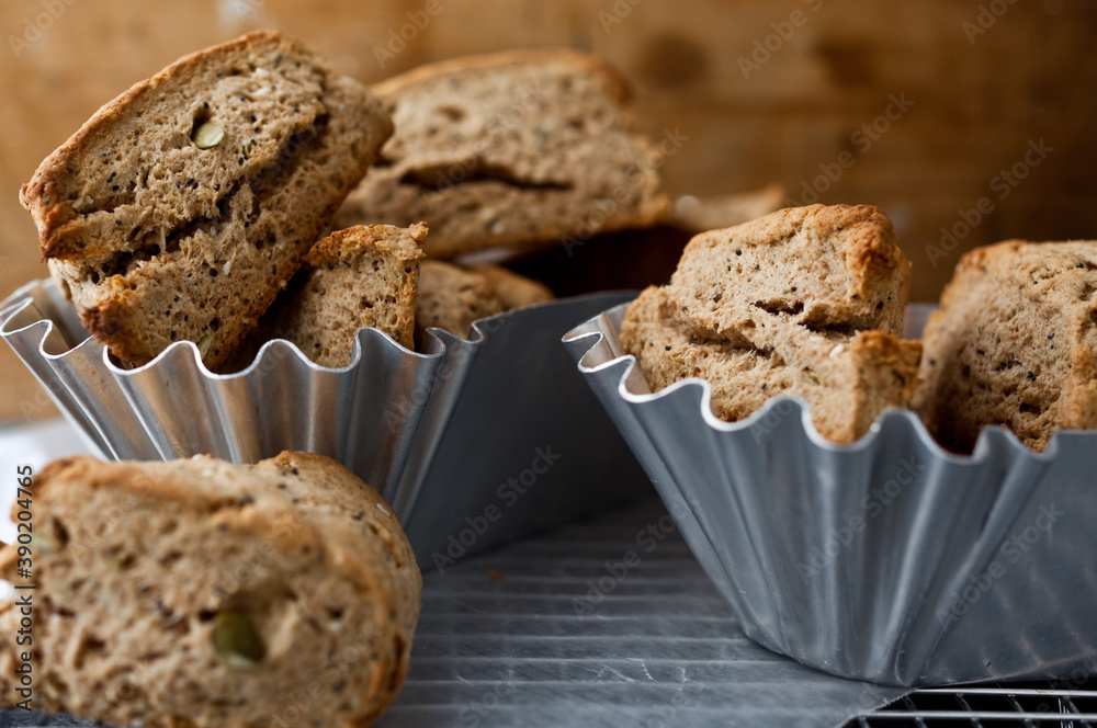 Close up of seeded whole wheat scones in baking tray Close up of seeded whole wheat scones in baking tray