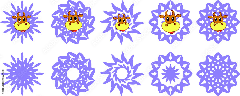 Christmas snowflake with a funny cow on a white background inside Christmas snowflake with a funny cow on a white background inside