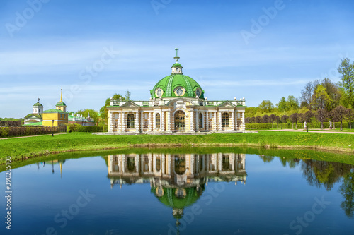 Photography Grotto pavilion with reflection in historic Kuskovo manor in Moscow, Russia
