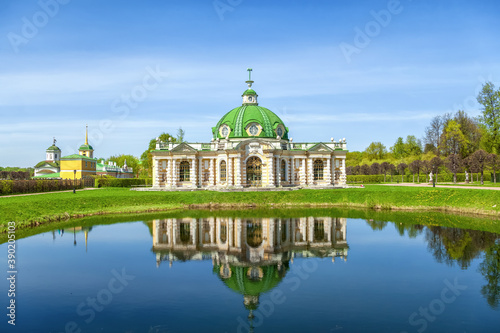 Grotto pavilion with reflection in historic Kuskovo manor in Moscow, Russia