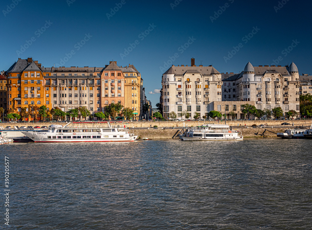 BUDAPEST, HUNGARY - 3 OCTOBER, 2020: Riverbank of Budapest with colorful houses.