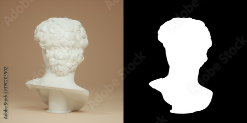 Head of Michelangelo's David isolated on beige background, via an black and white alpha channel. 3d render illustration. 