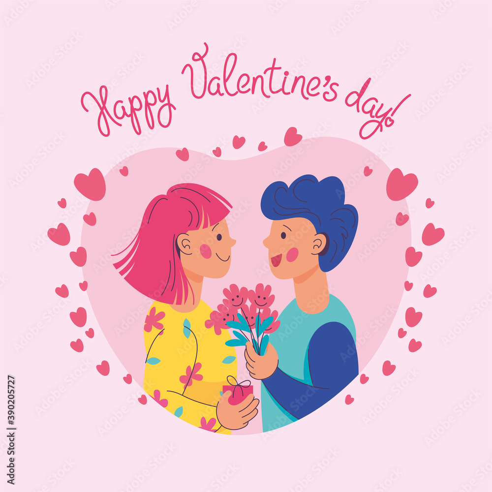 The couple gives gifts to each other. Vector illustration, Valentine's day card, poster, character design The couple gives gifts to each other. Vector illustration, Valentine's day card, poster, character design