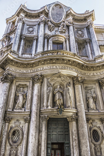 View of San Carlino church. Church of San Carlo alle Quattro Fontane (Saint Charles at Four Fountains, 1646), also called San Carlino - Roman Catholic Church in Rome. Lazio, Italy.