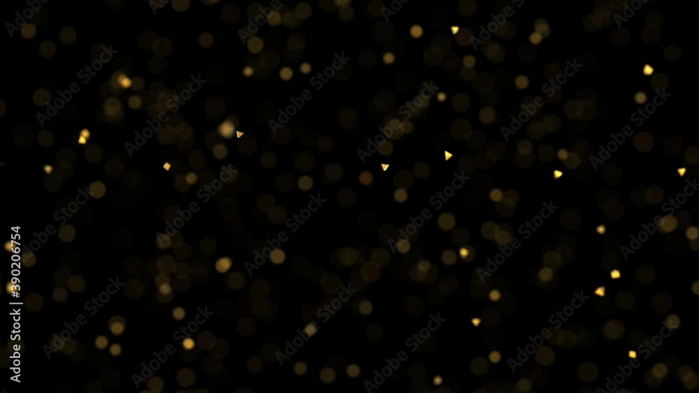 Bokeh effect with golden particles and blurred shiny magical dust on black background, bright glitter holiday party animated wallpaper, dark luxury shimmering hd animation