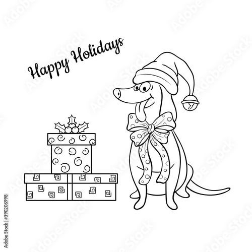 Vector holiday illustration with cute dog in a hat and presents on a white background. Good for cards design