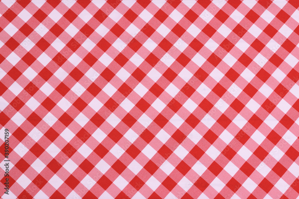Red checkered textile picnic tablecloth pattern in close-up. Classic italian cuisine style. Red checkered textile picnic tablecloth pattern in close-up. Classic italian cuisine style.