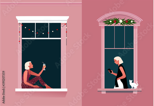 New Year or Christmas celebration. Lockdown. Quarantine life. Window frames with neighbors celebrating. Snow. Colorful vector illustration in modern flat style.