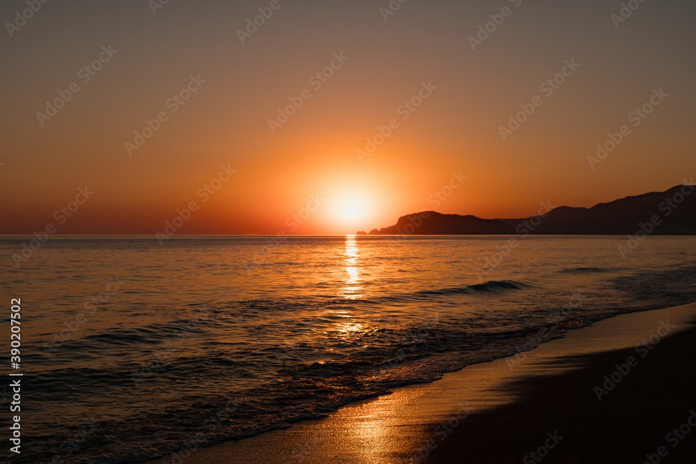 Seascape of beach and sea on the sunset in Turkey, Alanya