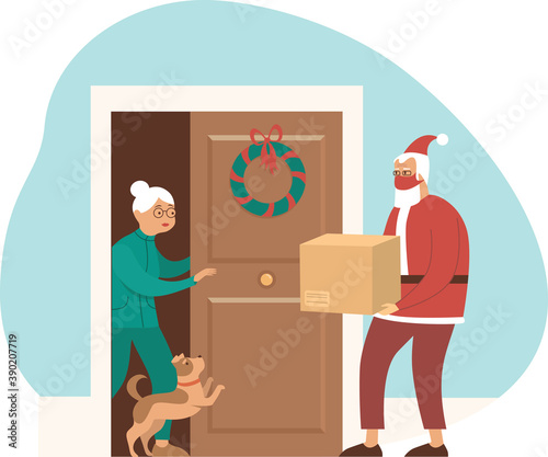 Safe Grocery shopping and fast delivery for elderly people during COVID-19 quarantine on Christmas holidays. Instant shipping. Courier give cardboard box to old senior woman