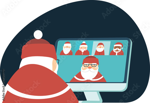 Santa Claus has a conference video call with his colleagues from all around the world. Social distancing during coronavirus covid-19 pandemic concept