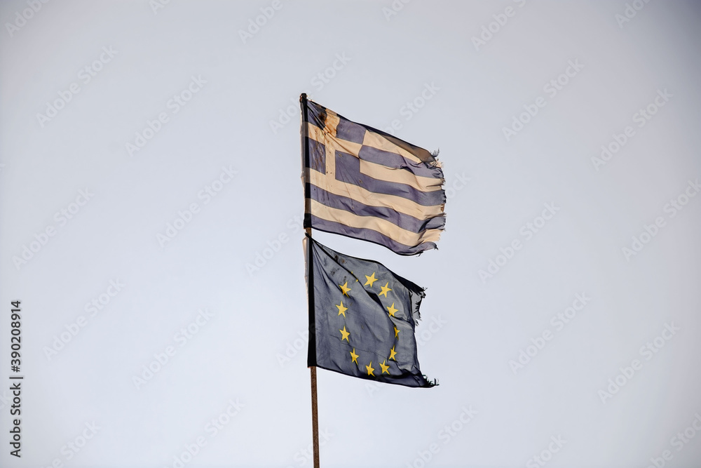 Flaga Grecji i Unii Europejskiej - obrazy, fototapety, plakaty 