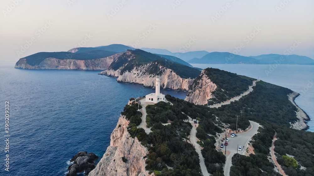 Fototapeta premium Aerial drone view photo of lighthouse in Cape Lefkada the Southest part of the island, Ionian, Greece