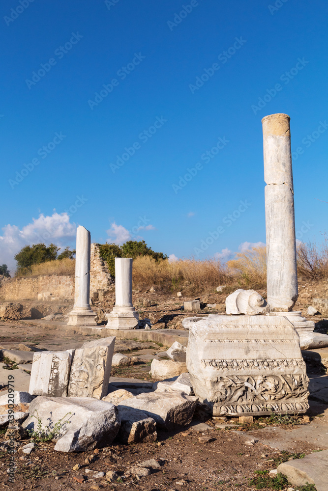 Turkey, Side  - October 16 2019: Ancient City of Side. Ruins of an ancient Roman city founded in the 7th century BC.