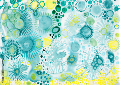 Blue and yellow watercolor bacterias photo