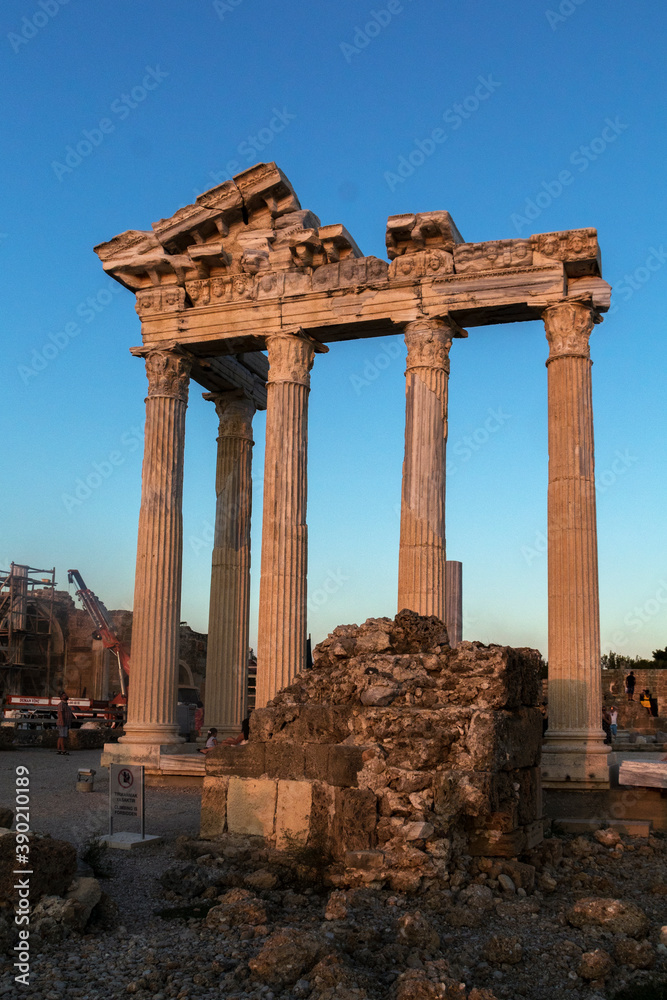 Turkey, Side  - October 04 2019: Ruins of an ancient Roman city founded in the 7th century BC. Columns of the ancient temple of Apollo