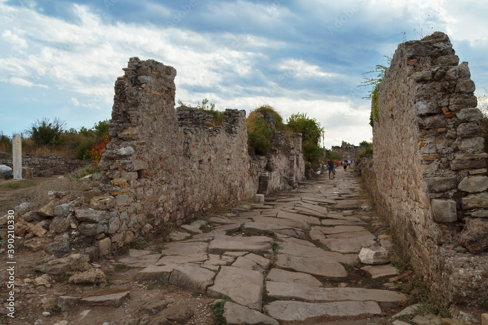 Turkey, Side  - October 05 2019: Ancient City of Side. Ruins of an ancient Roman city founded in the 7th century BC.