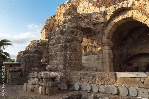 Turkey, Side - October 05 2019: Ancient City of Side. Ruins of an ancient Roman city founded in the 7th century BC.