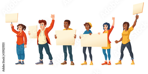 People strike, angry men and women with placards protest on rally demonstration. Characters holding blank banners fight for their rights, citizen protesting, riot, Cartoon vector illustration