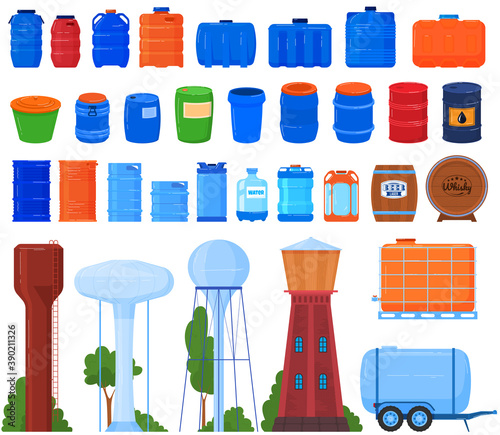 Barrels, tanks, reservoir and containers for liquid set of isolated vector illustrations. Plastic, metal and wood barrel collection. Industry storage equipment, water canister, petrol reserve tanks.