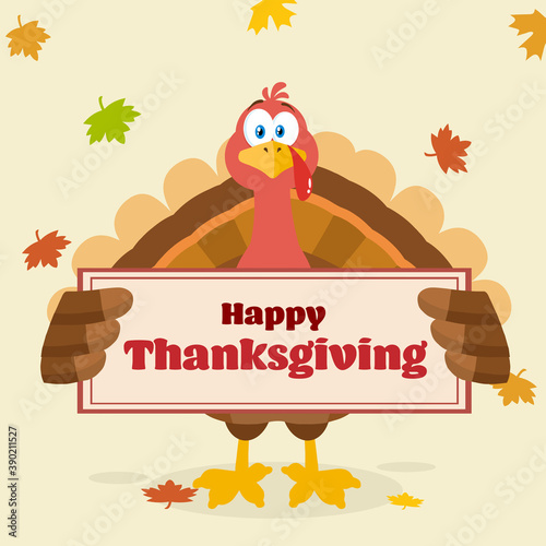 Thanksgiving Turkey Bird Cartoon Mascot Character Holding A Sign. Vector Illustration Flat Design With Background