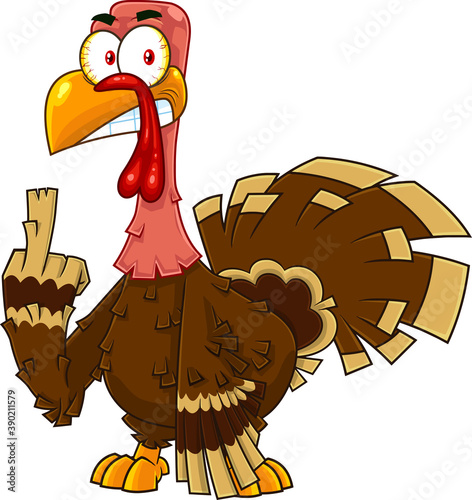 Angry Turkey Cartoon Character Showing Middle Finger. Vector Illustration Isolated On White Background