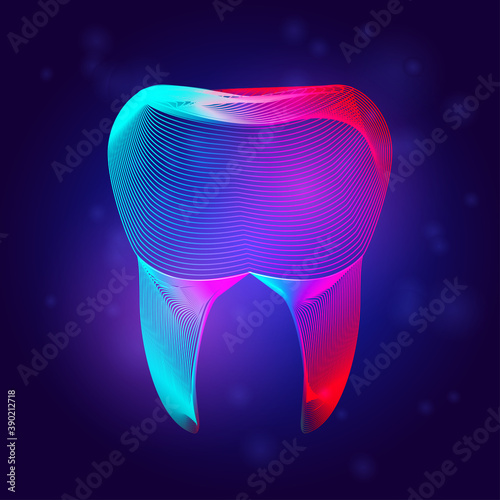 Human tooth medical structure. Outline vector dental illustration in 3d line art style on neon abstract background