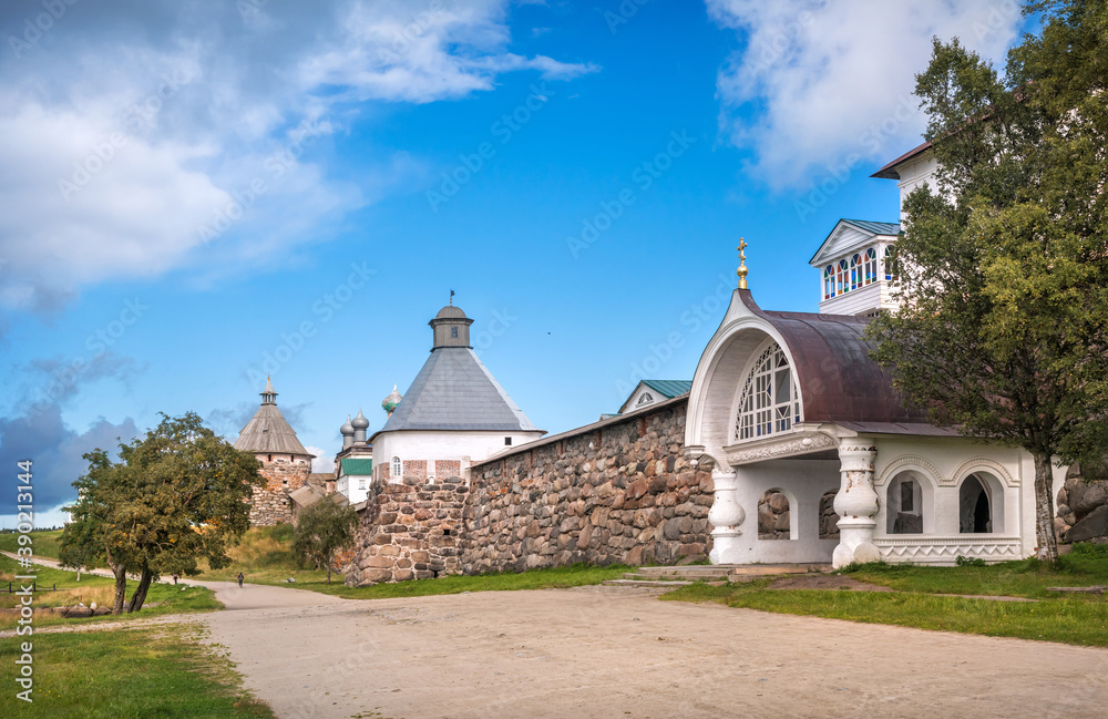 Holy gates of the Solovetsky Monastery and stone towers