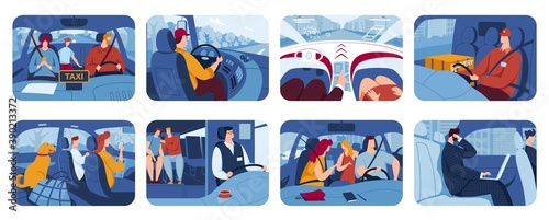 People driving car, drivers flat vector illustrations set. Road transport, auto, vehicle. Taxi, drive with pets. Friends in vehicle finding route on map. Man and woman travel in automobile.