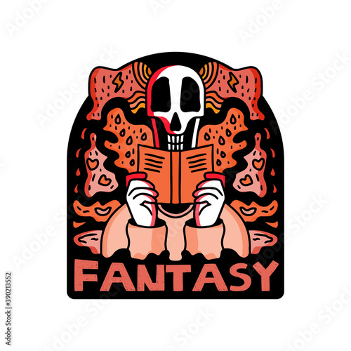 Skull in hype style holding book, with fantasy typography, illustration with hipster style. Vector graphics for t-shirt prints and other uses.