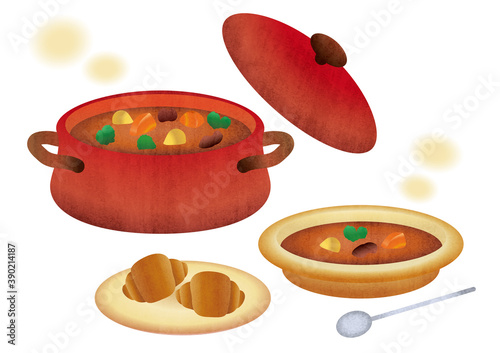 お鍋とお皿のビーフシチューの素材イラスト